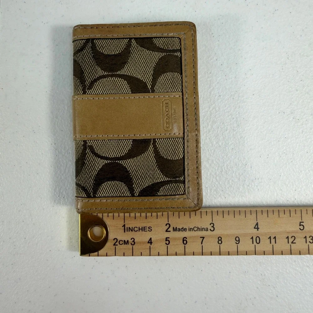 Coach Card Holder Signature Jacquard Leather Trim ID Holder Window Brown‎ Tan